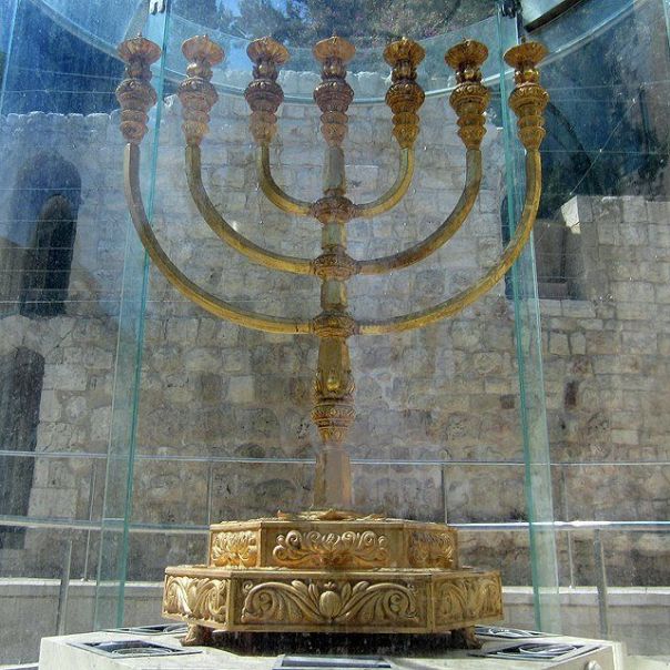 Gold reconstruction of the Temple Menorah stands now near the Western Wall in Jerusalem. 